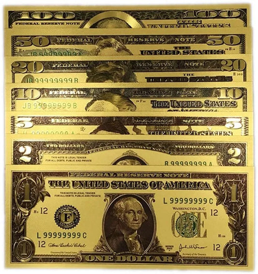 Luxurious 7-Piece Gold Plated US Dollar Banknotes Craft Set