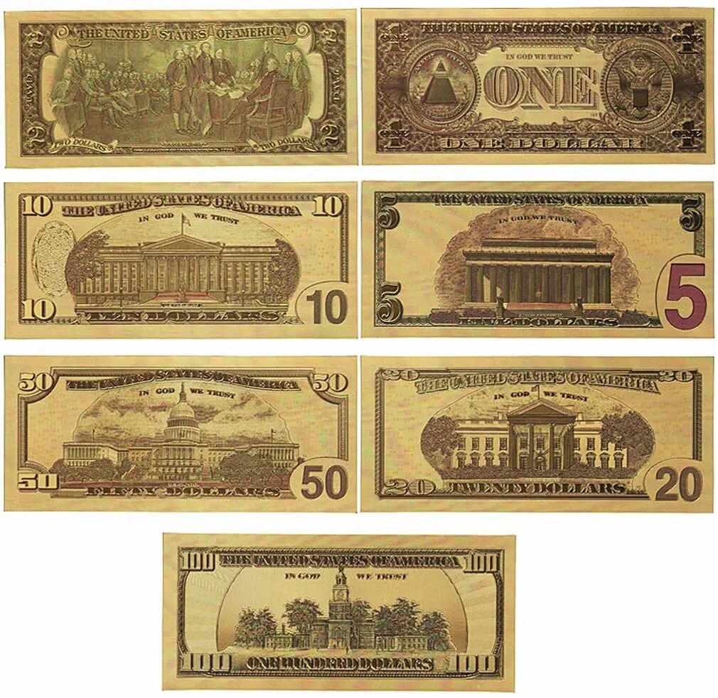 Luxurious 7-Piece Gold Plated US Dollar Banknotes Craft Set