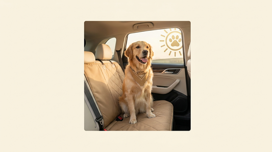Golden retriever on a waterproof dog car seat cover in an SUV back seat