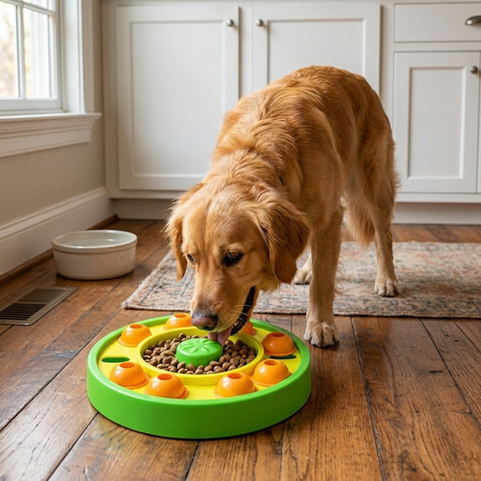 Dog eating from a slow feeder puzzle bowl on a kitchen floor