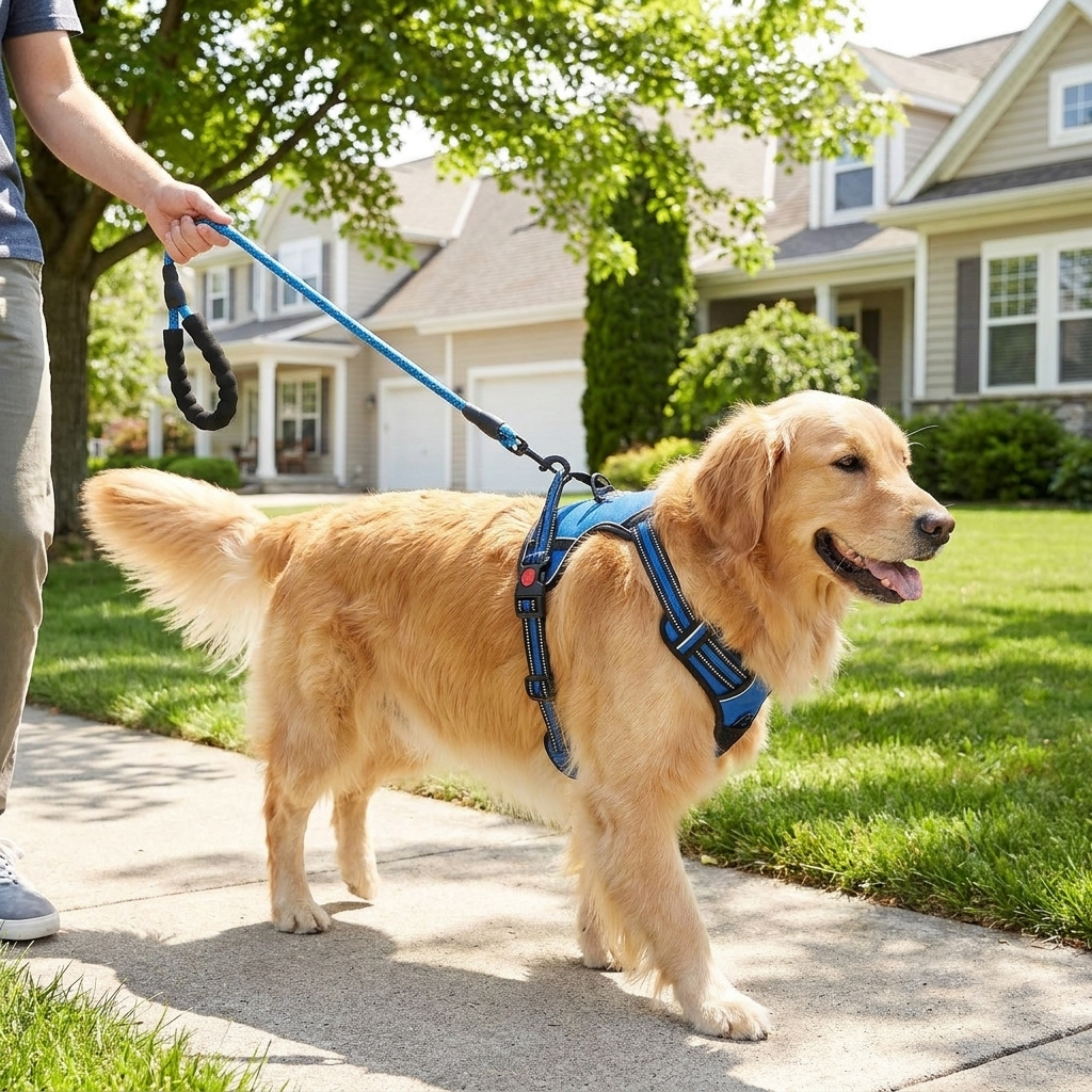 Large dog wearing a no-pull harness on a neighborhood walk