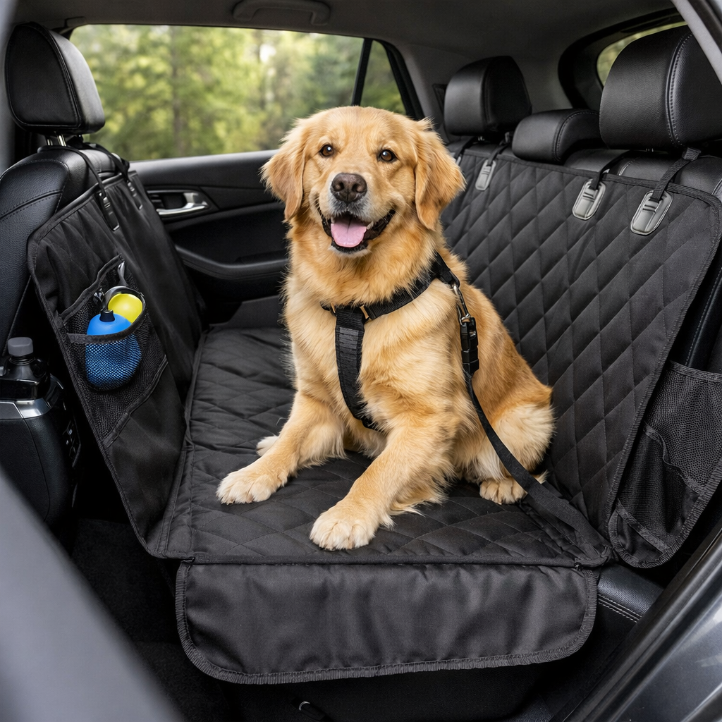 Golden retriever dog sitting in a waterproof black car seat hammock with seat belt leash in the backseat of a vehicle.