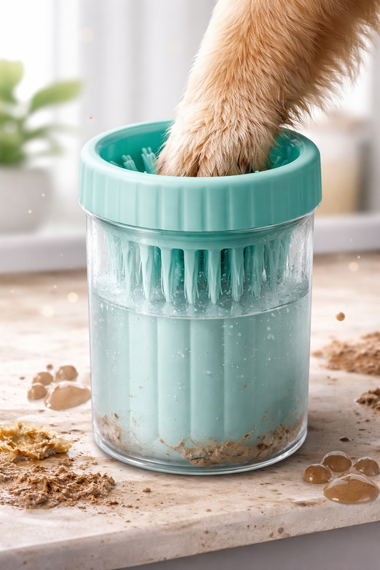 Turquoise pet paw cleaner cup with a dog's paw inside, soft silicone bristles cleaning muddy paw on a countertop.