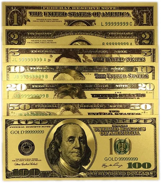 Luxurious 7-Piece Gold Plated US Dollar Banknotes Craft Set