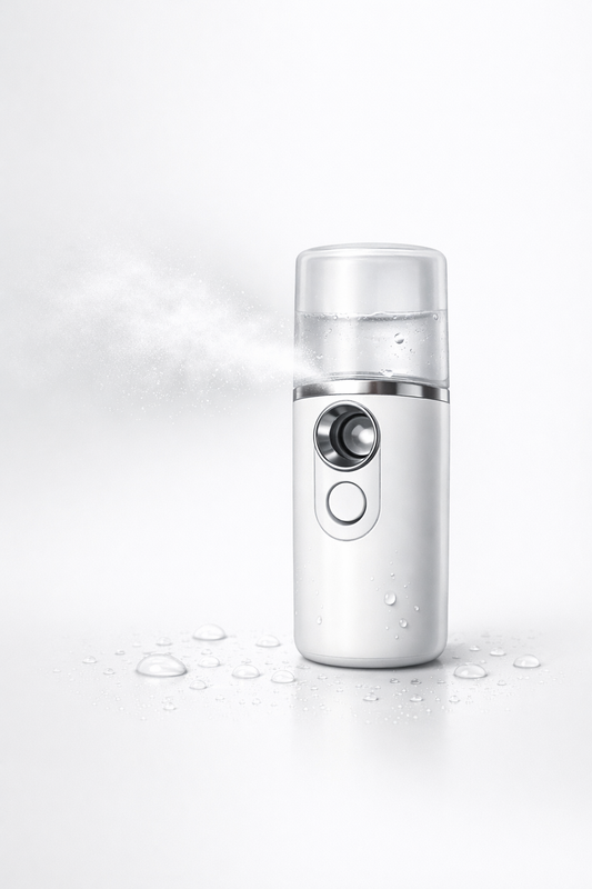 Portable face misting device spraying fine mist, handheld with transparent water tank.